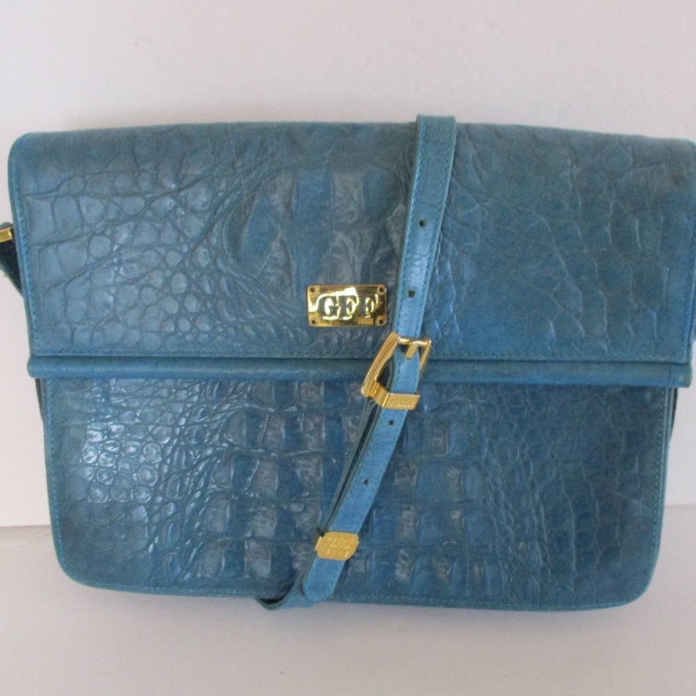 GORGEOUS VINTAGE GIANFRANCO FERRE HANDBAG CROCCO LEATHER BLUE COLOR SERIAL#13113
